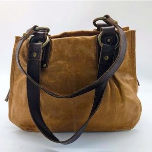 Ellington Tan Leather Double Handle Satchel Bag Soft Sided Zip Close